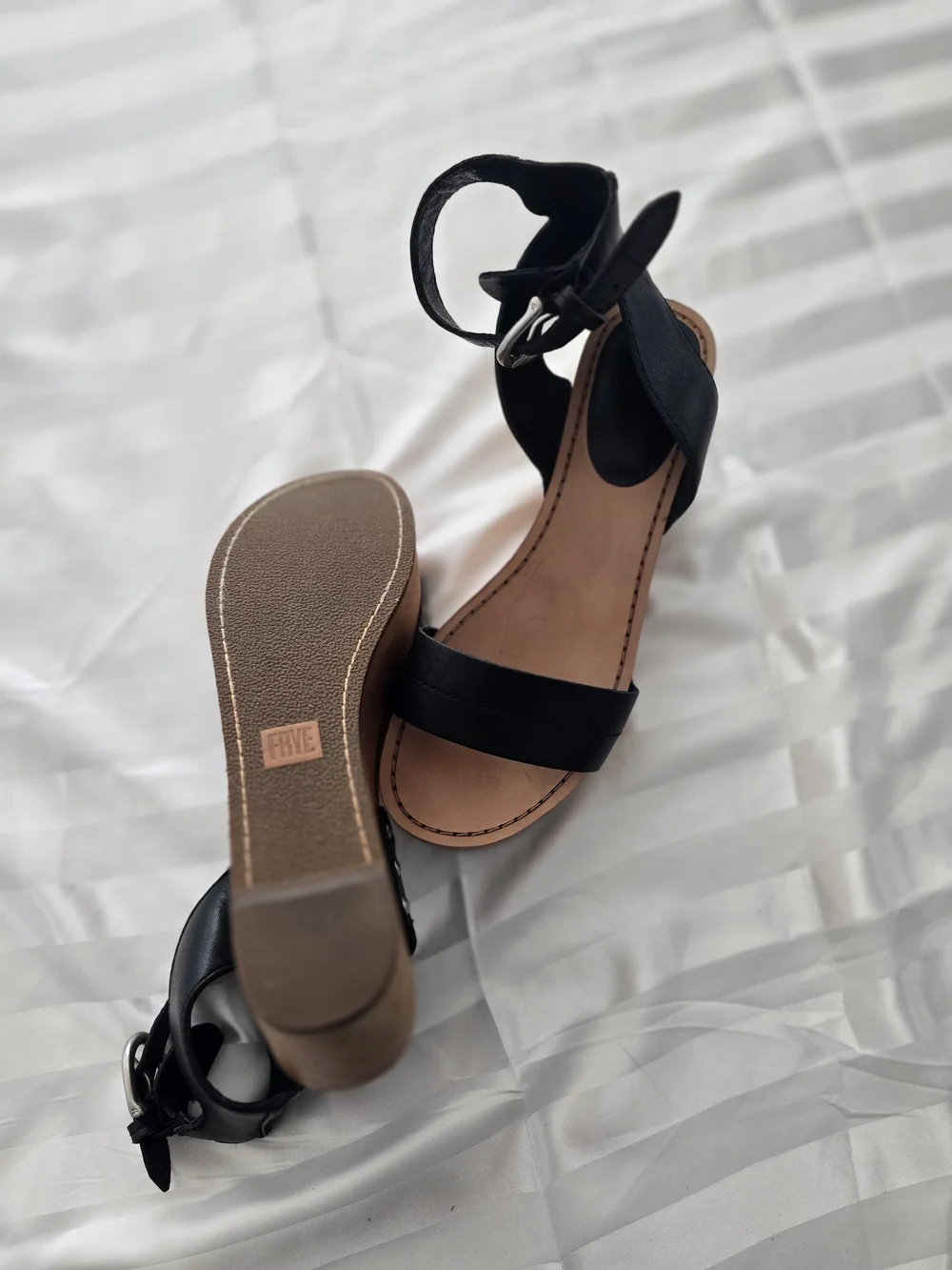 Frye Black Leather Platform Sandals with Wood-Look Sole - Size 9